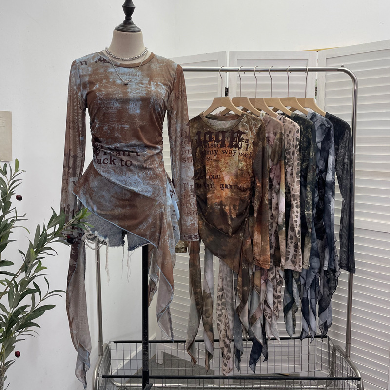 Tie Dye Shirt Vintage - ISAROSE Y2K Mesh T-shirt for Women
