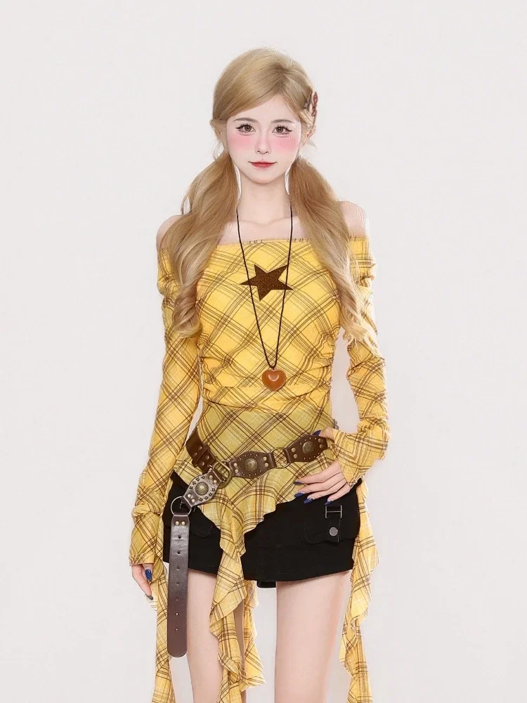 Y2K Plaid Slash Neck Vintage T - đánh giá và giá Vintage Fashion For Women